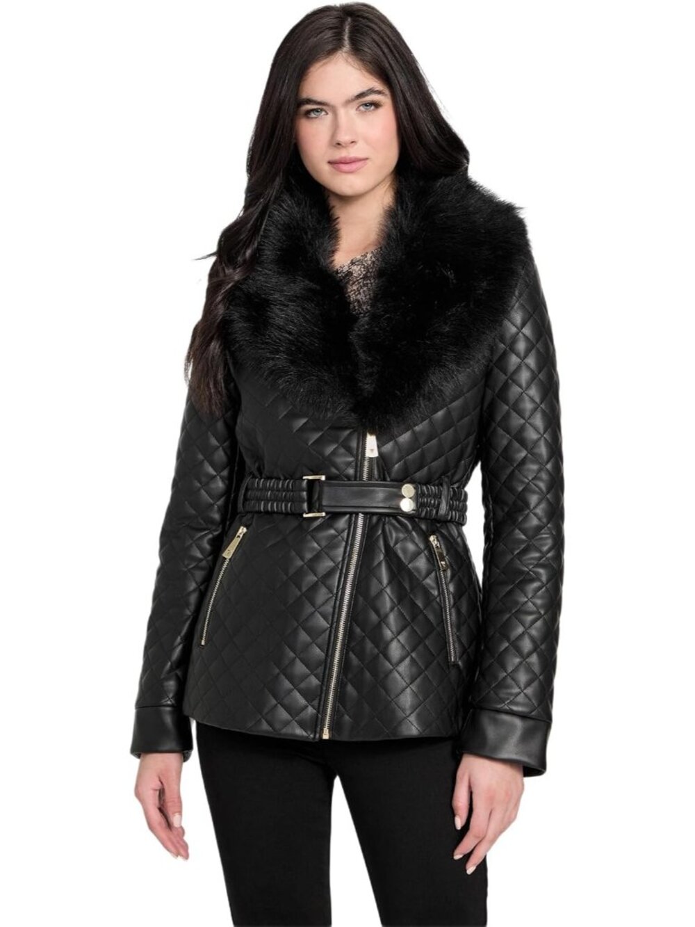 Guess Women's Jet Black Oprah Fur Collar Diamond Imported Faux Leather Jackets